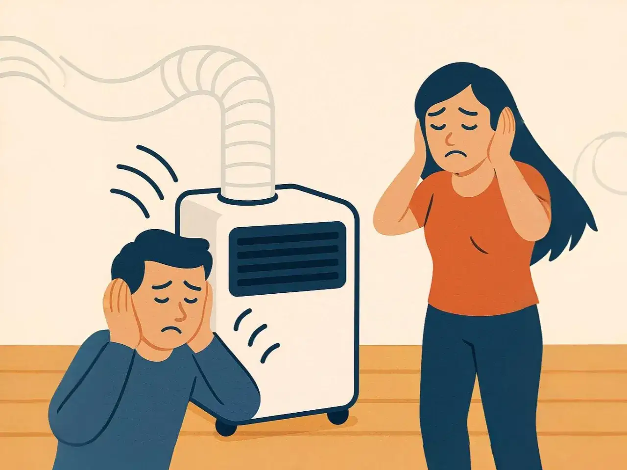 Un homme et une femme se bouchent les oreilles, visiblement gênés par le niveau sonore d'un climatiseur mobile.