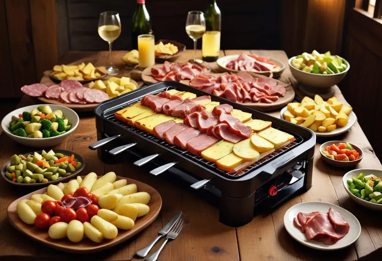 En härlig buffé med kött, ost och potatis för en mysig raclette-kväll. Ett glas vitt vin till raclette passar perfekt.