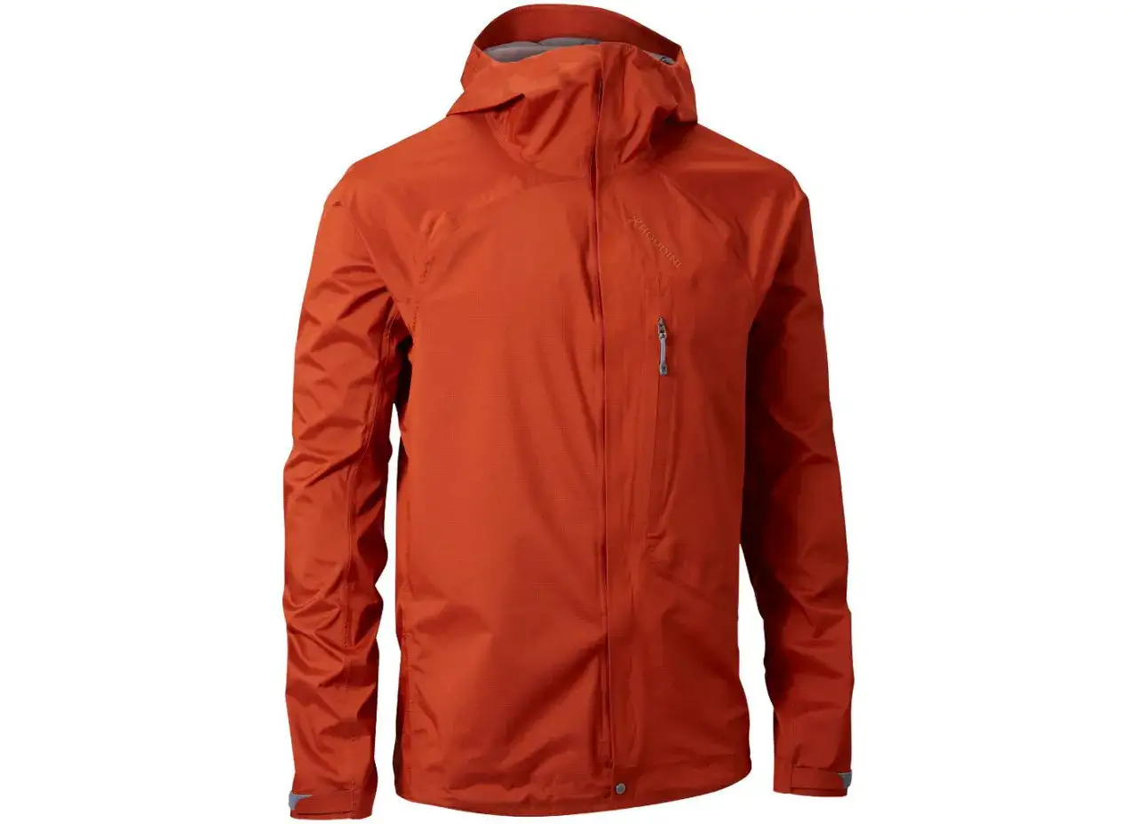 Orange Hardshelljacke mit Kapuze und Rei&szlig;verschluss. Perfekt f&uuml;r Outdoor-Abenteuer, sch&uuml;tzt sie vor Wind und Wetter.
