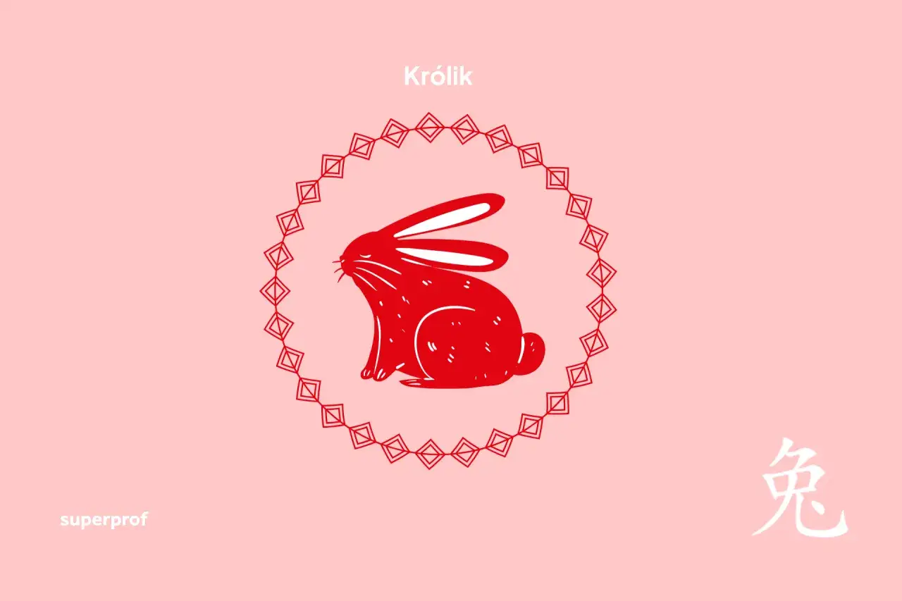 Czerwony królik w okręgu z rombami, symbol chińskiego znaku zodiaku 1999.