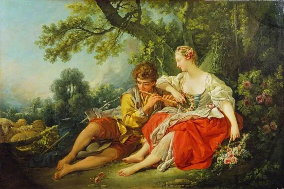 Un jeune homme joue de la fl&ucirc;te pour une jeune femme, entour&eacute;s de roses et de moutons. Style rococo.