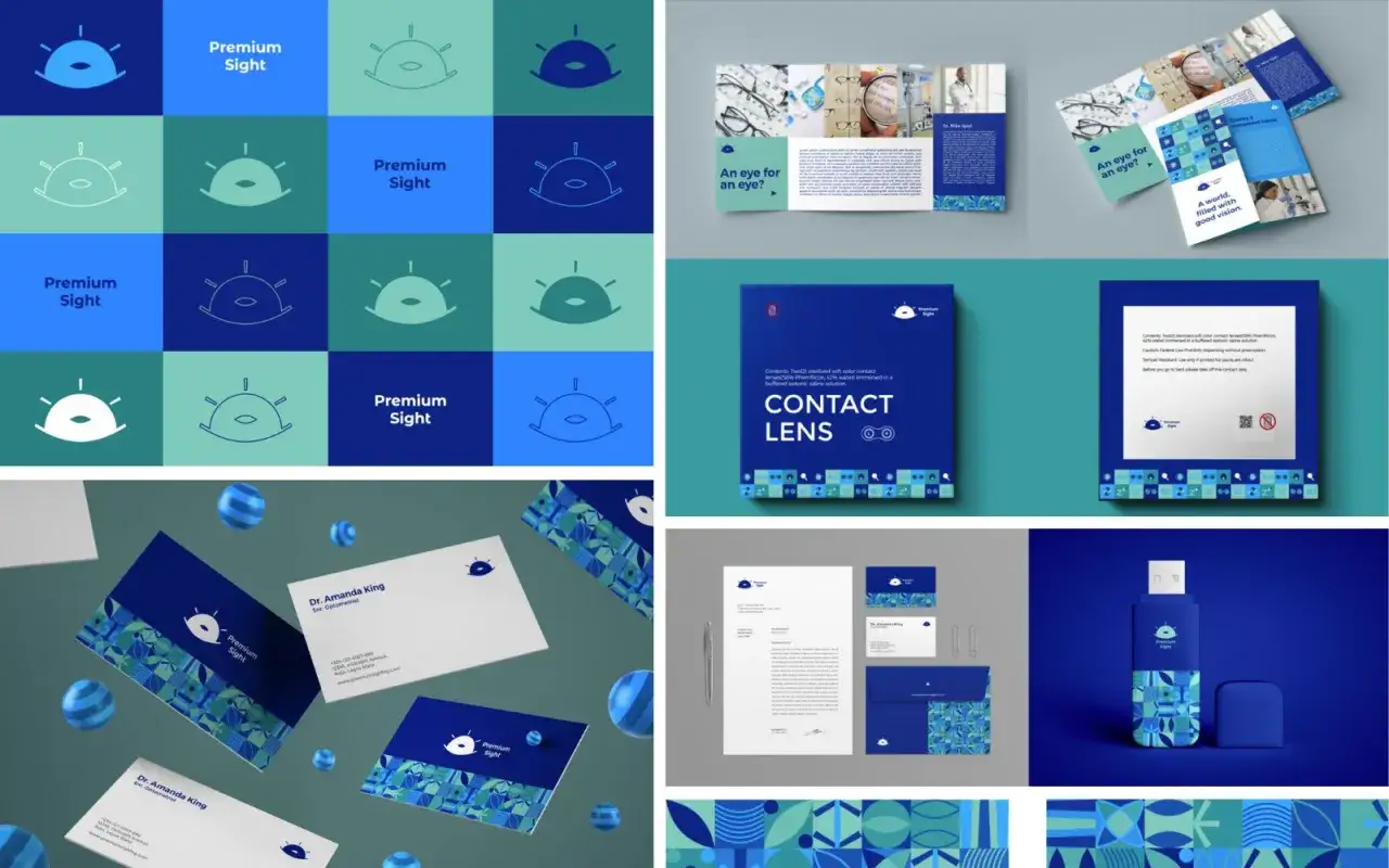 Branding for creatives: a vibrant collection of eye-themed logos, business cards, brochures, and packaging for 