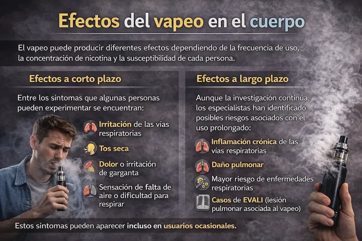 ¿Qué pasa si vapeas una vez? Irritación de garganta, tos seca y dificultad para respirar son posibles efectos a corto plazo, incluso en usuarios ocasionales.