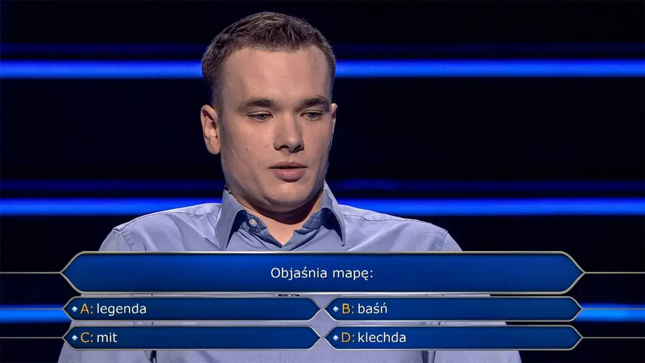 Młody mężczyzna w Milionerach zastanawia się, jakie było pytanie za milion: