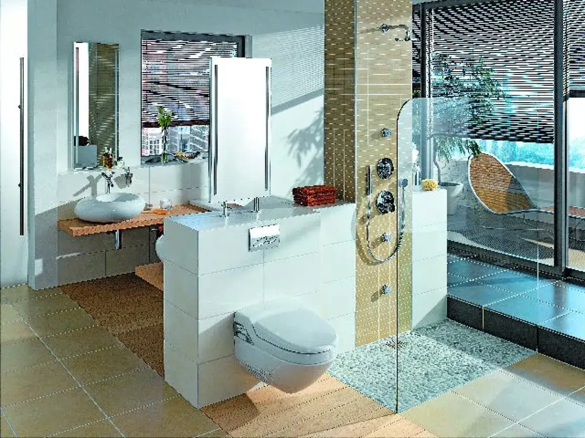 Nowoczesna łazienka z prysznicem, umywalką i toaletą. Czy to bidet? Nie, to nowoczesna toaleta z funkcją bidetu.