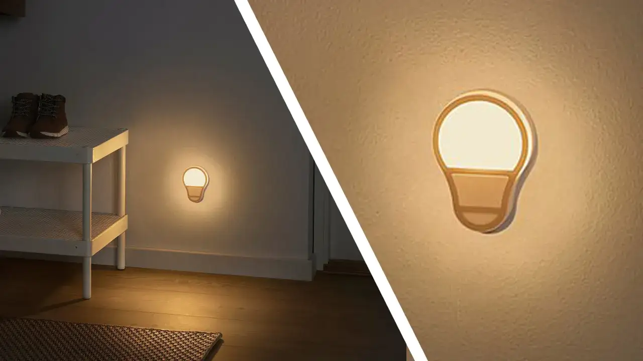 A light-bulb-shaped night light, a perfect example of home automation, illuminates a hallway.