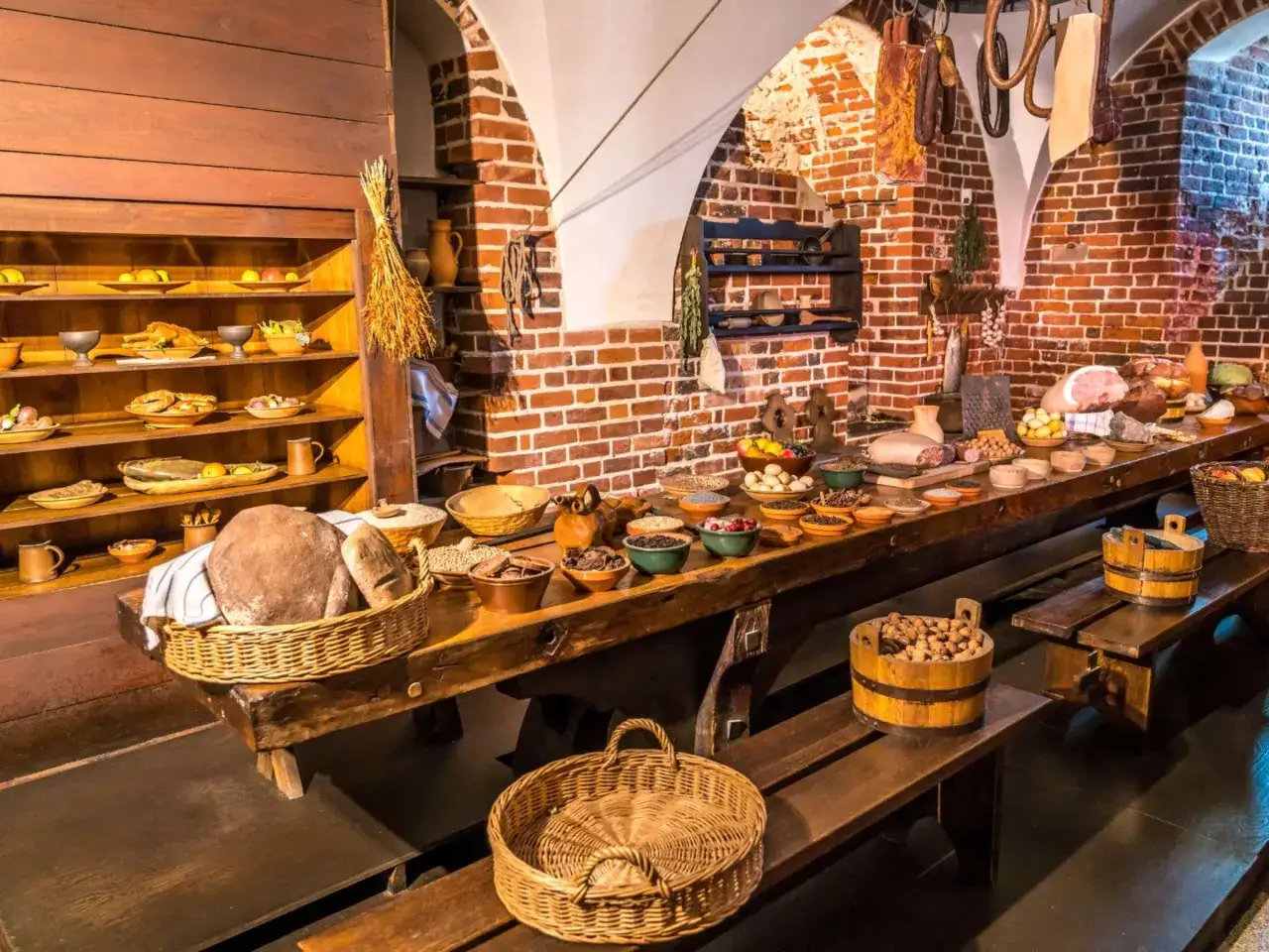 Ein Festmahl wie im Mittelalter: Brot, Fleisch, Obst und N&uuml;sse auf langen Holztischen, daneben K&ouml;rbe und Holzf&auml;sser.