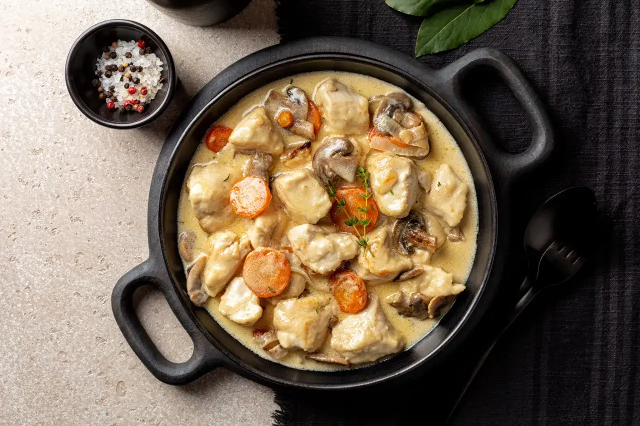 Un plat de blanquette de poulet cr&eacute;meuse avec des champignons et des carottes, servi dans une cocotte noire. Un accompagnement parfait pour un repas r&eacute;confortant.