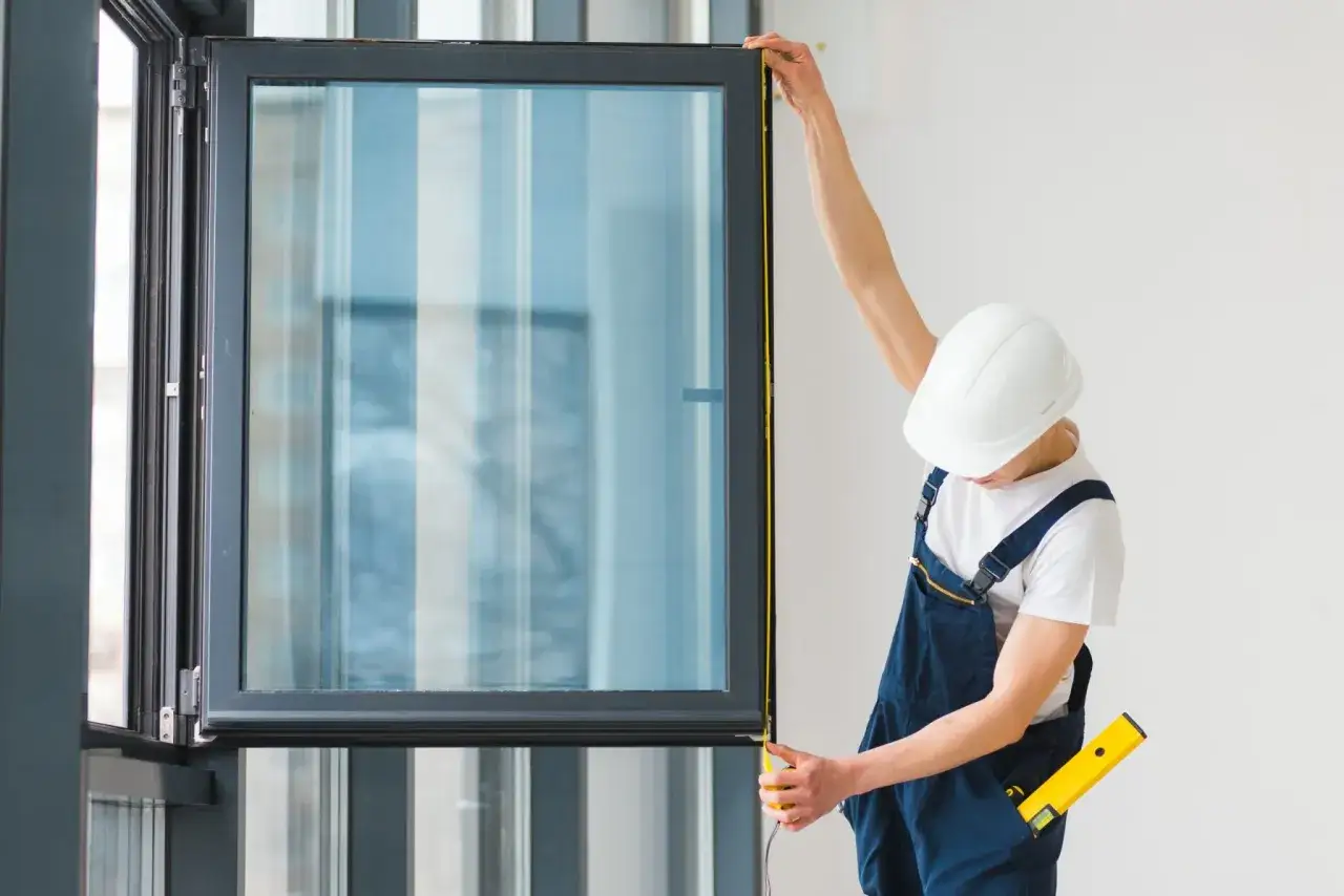 Instalador mide una ventana de seguridad con cinta m&eacute;trica.