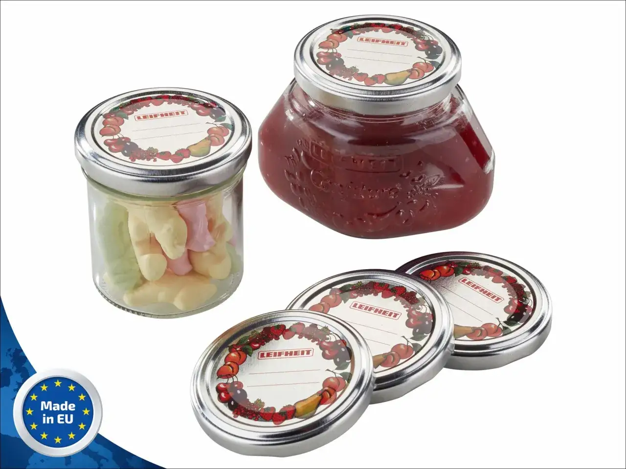 Zwei Gl&auml;ser mit Leifheit-Deckeln, eines gef&uuml;llt mit bunten S&uuml;&szlig;igkeiten, das andere mit Marmelade. Vorsicht vor Botulismus bei unsachgem&auml;&szlig;er Lagerung von Marmelade.