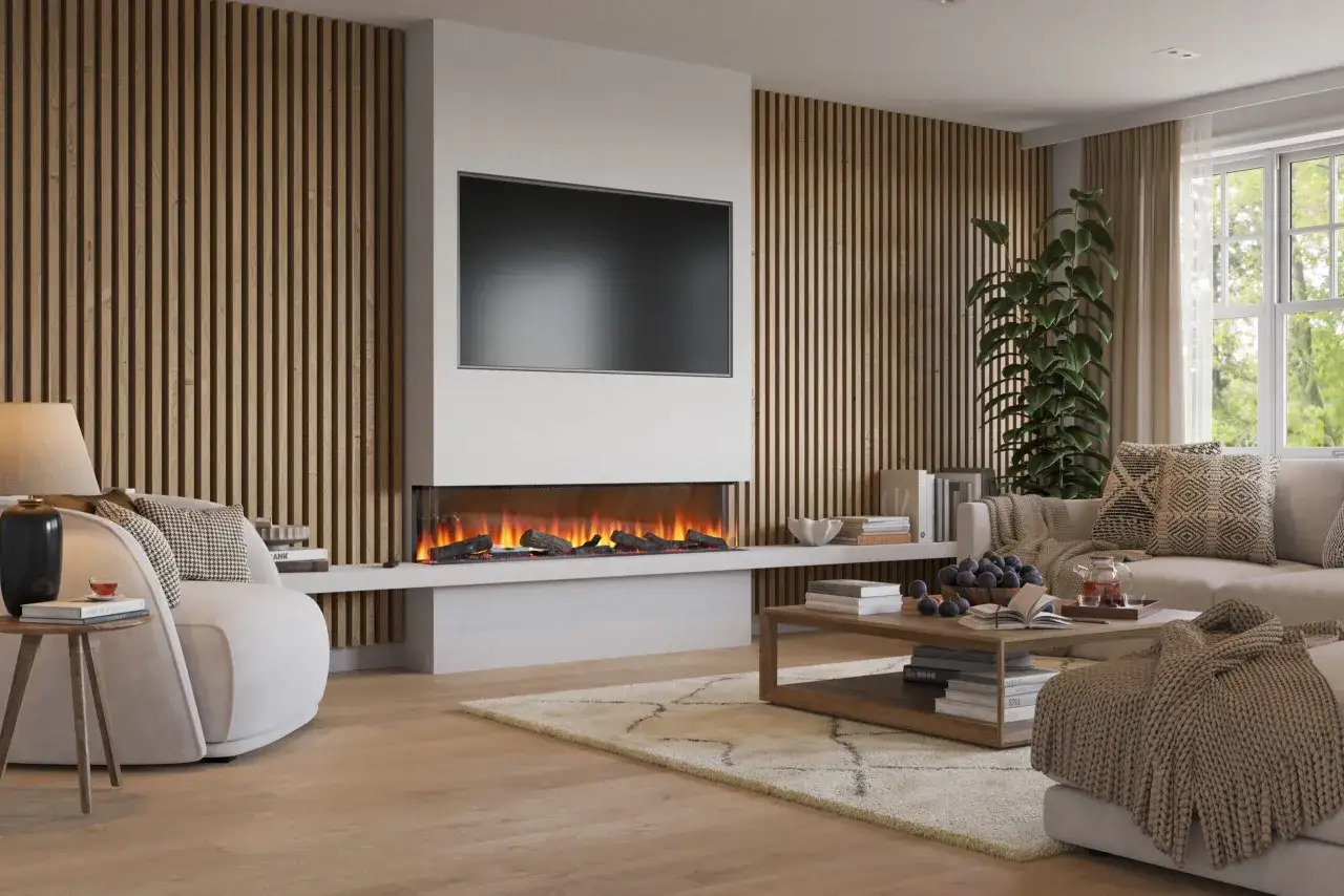 Un moderno soggiorno con camino elettrico e TV a parete, un'idea su come decorare un camino per un ambiente accogliente.