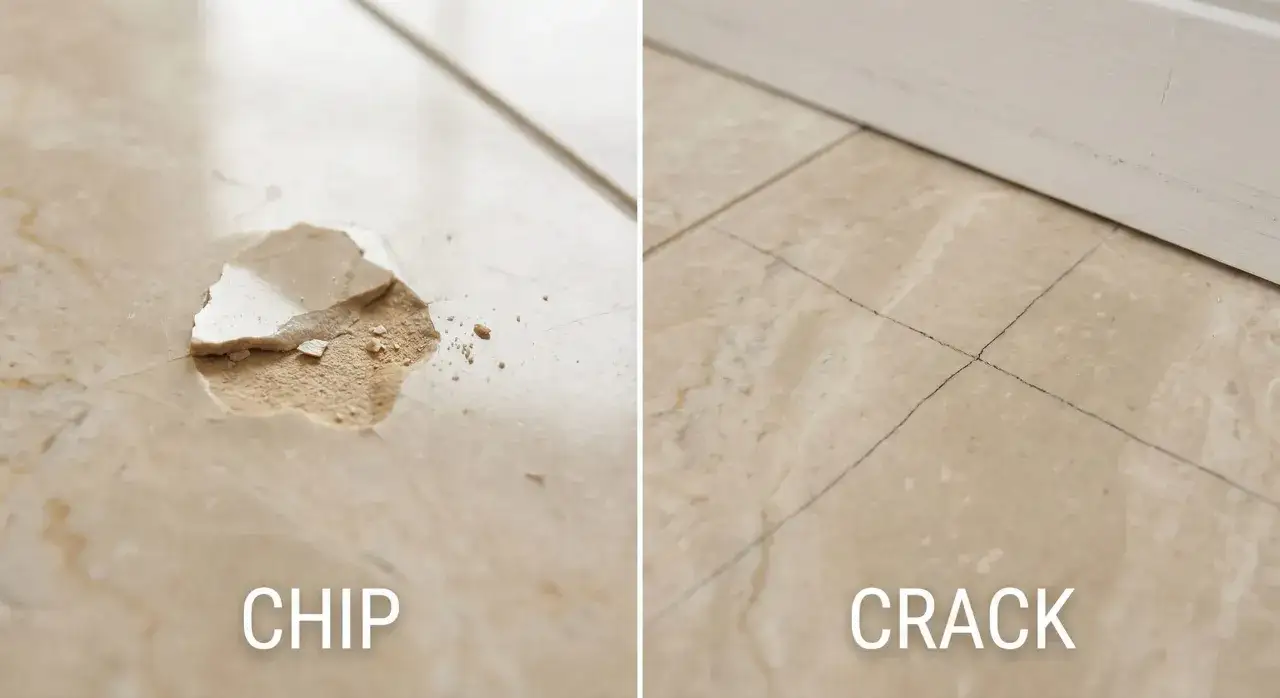 Avant/apr&egrave;s : comment r&eacute;parer un &eacute;clat sur carrelage et une fissure.