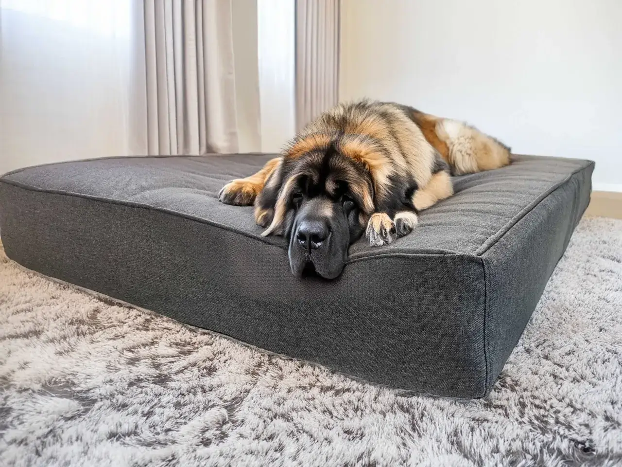 Leonberger śpi na wygodnym, łatwym do czyszczenia legowisku dla psa.