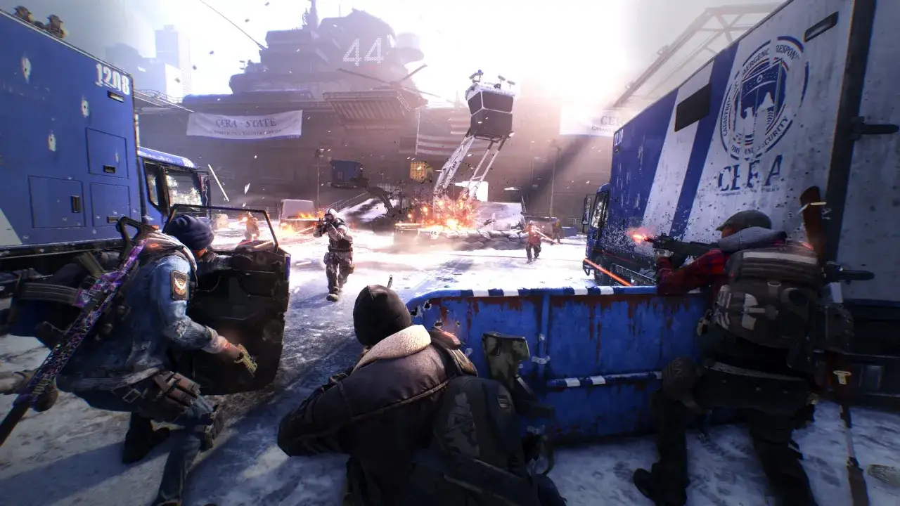 Agentes de The Division 3 en combate urbano, cubriéndose tras vehículos blindados y disparando contra enemigos en un entorno nevado.