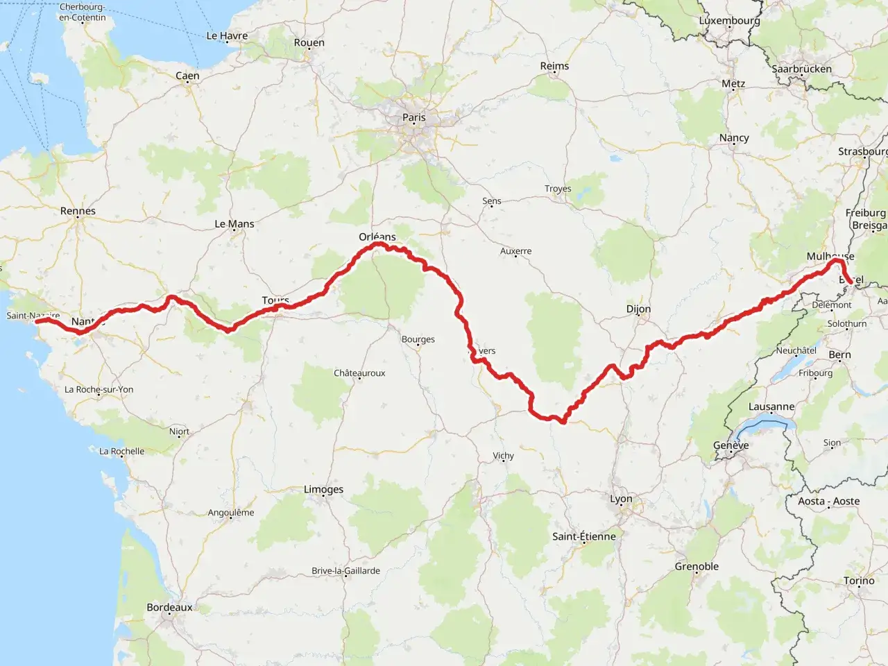 Trasa rowerowa EuroVelo 6 od Saint-Nazaire przez Orlean, Dijon do Mulhouse, pokazana na mapie Francji i części Szwajcarii.