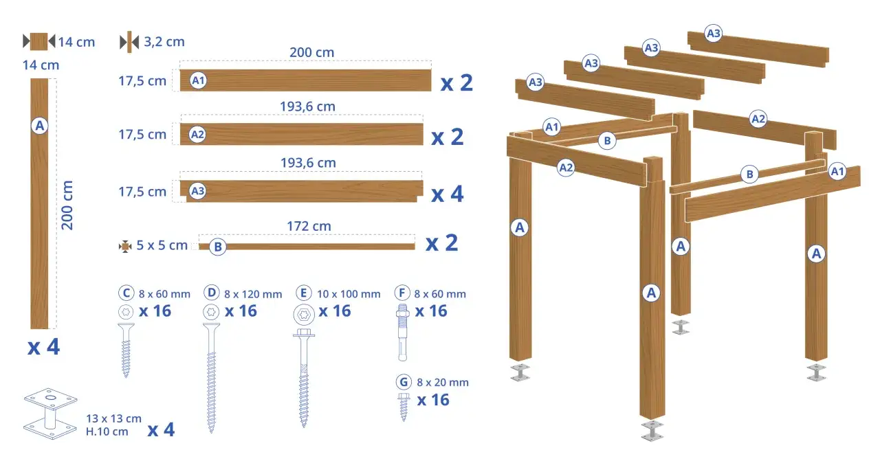 Schéma de montage d'une pergola bois fait maison, avec les pièces et la quincaillerie.