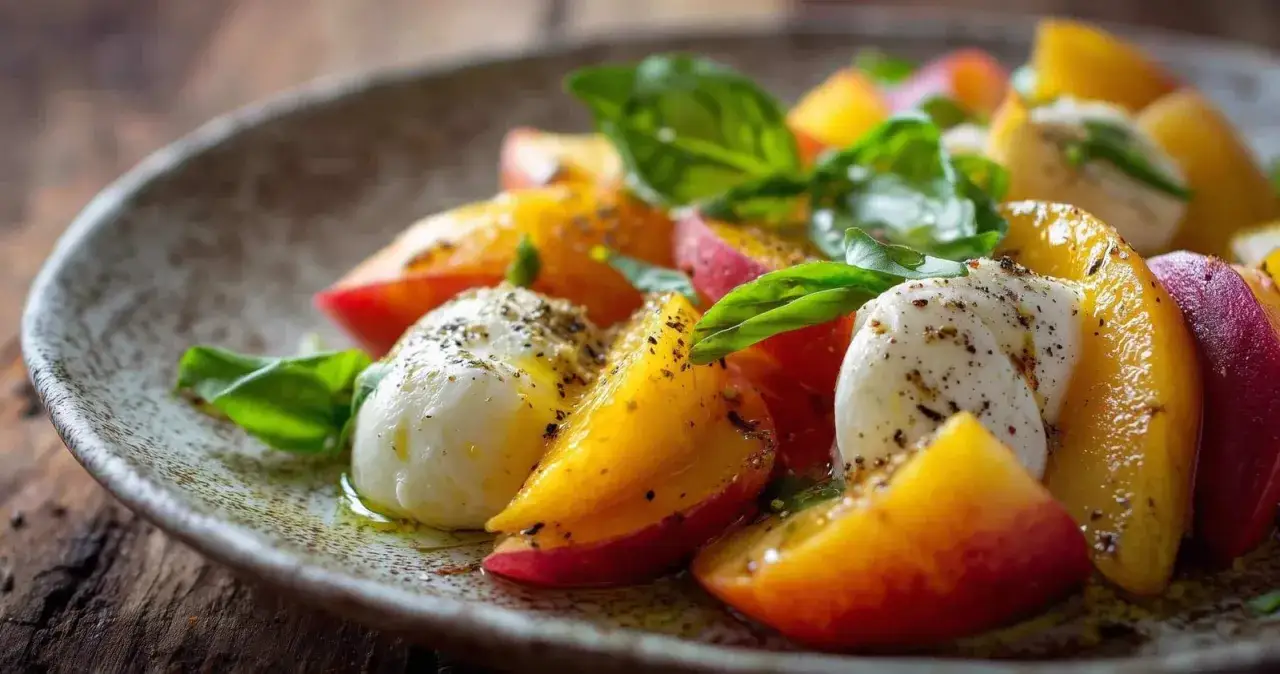 Caprese al limone con pesche succose, mozzarella fresca e basilico profumato, condita con olio e pepe.
