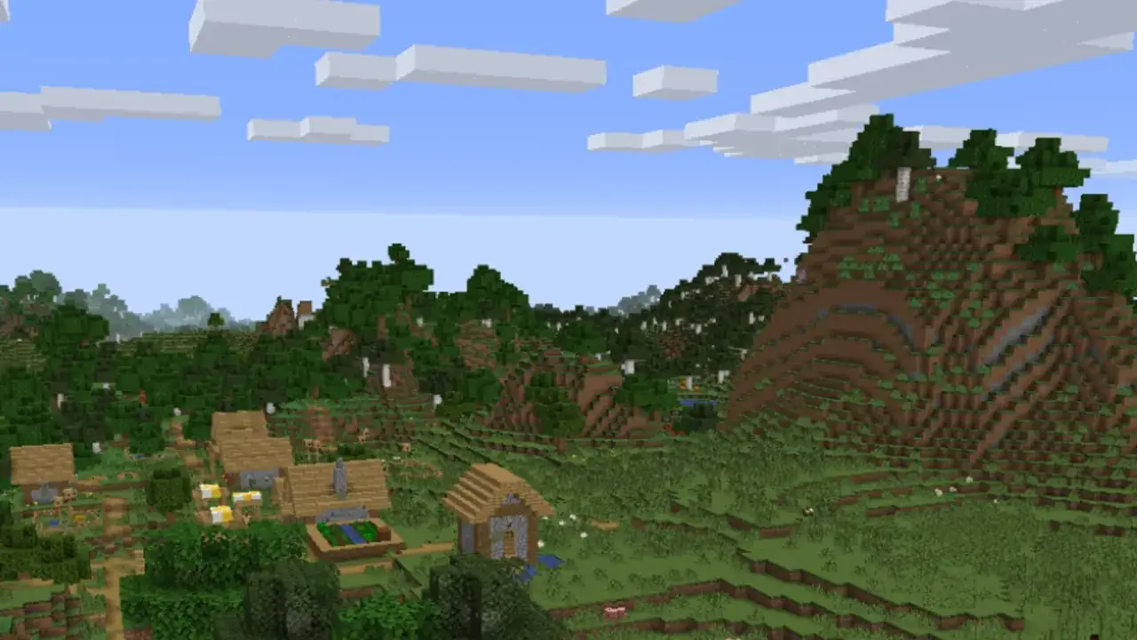 Krajobraz w Minecraft forge 1.20.1: wioska wśród zielonych wzgórz i lasów, z charakterystycznymi blokowymi chmurami na niebie.