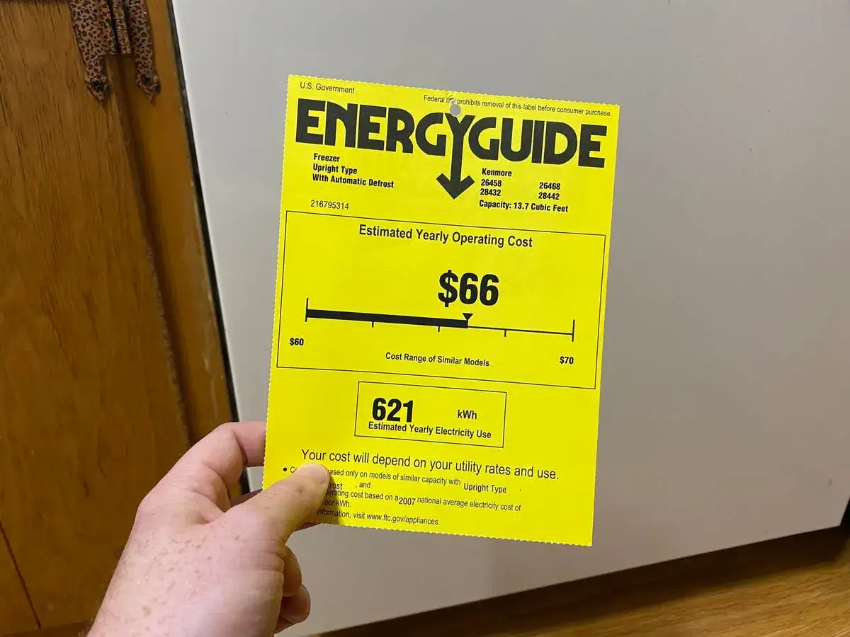 Etykieta EnergyGuide pokazuje, ile prądu zużywa lodówka: roczny koszt to 66 USD, a zużycie 621 kWh.