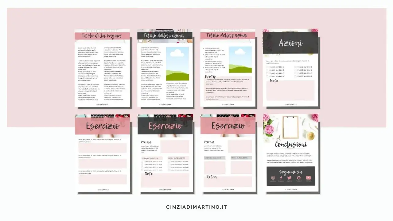 Modelli di pagine per creare un ebook con Canva: titoli, esercizi, azioni e conclusioni.