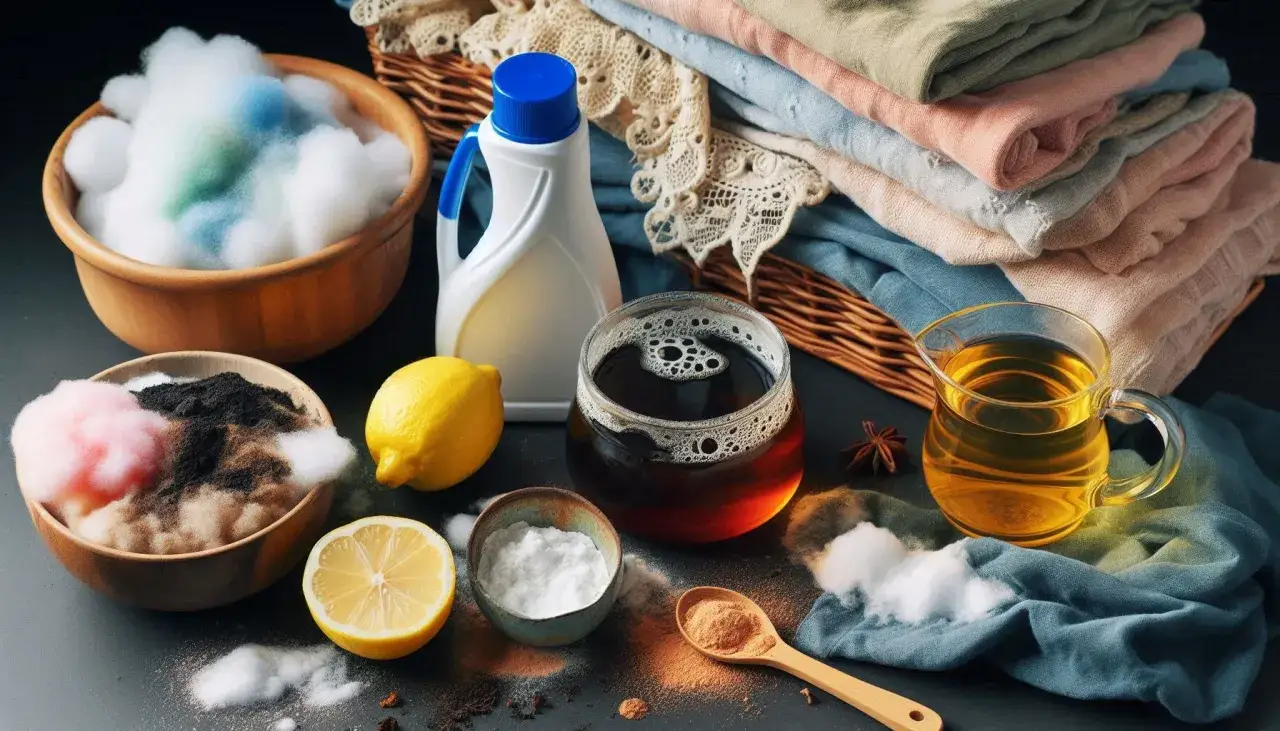 Domowe sposoby na plamy po herbacie: cytryna, soda oczyszczona, ocet i inne naturalne środki czyszczące obok świeżych ubrań.