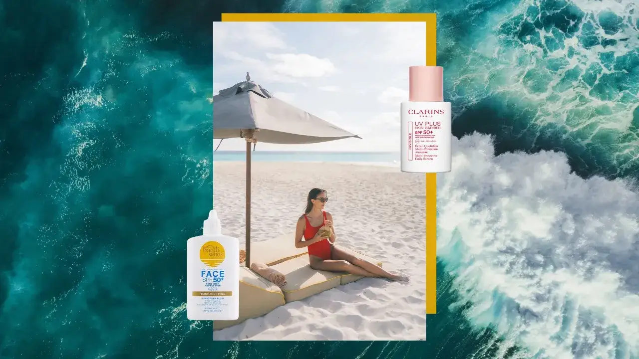 Sonnenschutzmittel mit LSF 50+ für den Strandurlaub. Eine Frau entspannt sich unter einem Sonnenschirm.