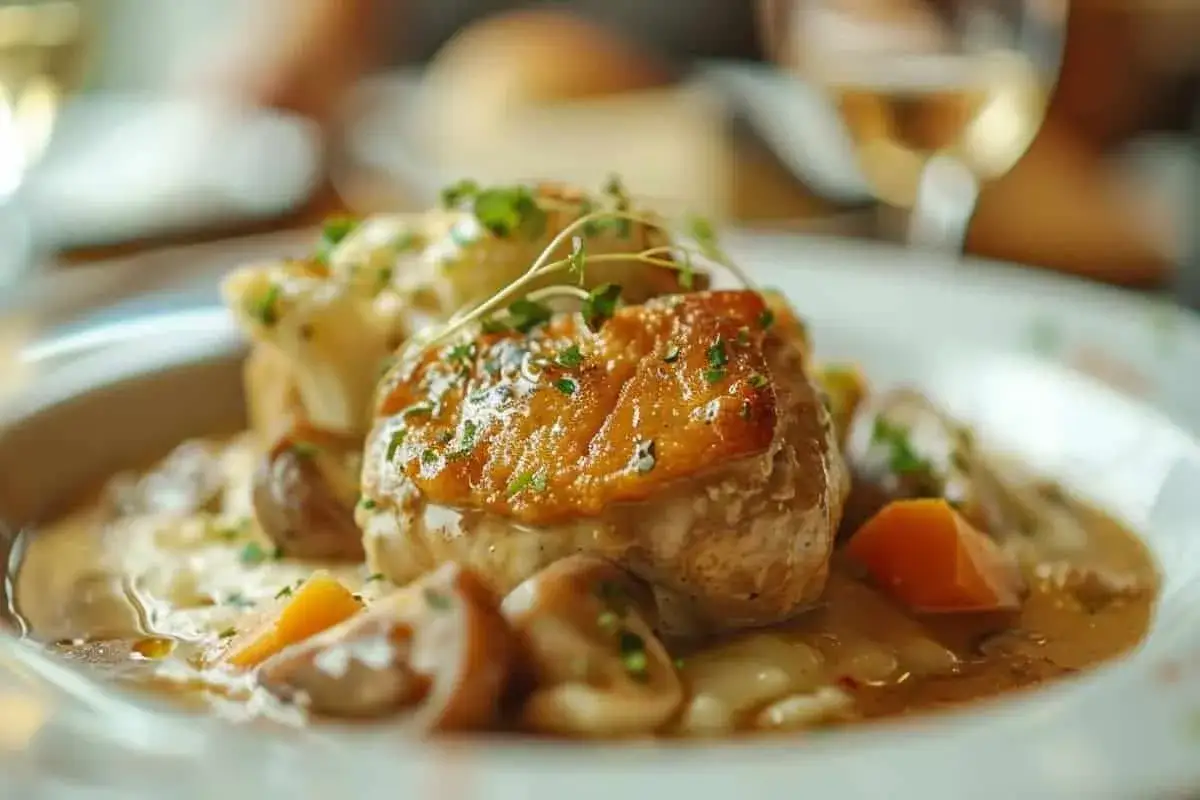 Un plat de blanquette de veau onctueuse, garni de champignons et carottes, avec un verre de vin blanc en arrière-plan.