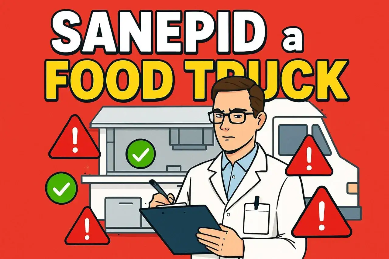 Sanepid i food truck: jak otworzyć catering? Kontroler w białym fartuchu sprawdza dokumenty przy food trucku. Znaki ostrzegawcze i zielone potwierdzenia.