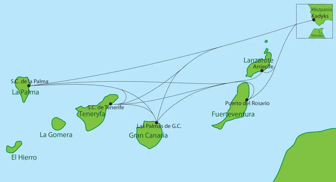 Mapa tras promowych między Teneryfą, Gran Canarią i innymi Wyspami Kanaryjskimi.