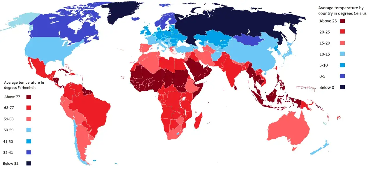 Mapa świata pokazująca średnie temperatury. Ciemnoczerwone kraje to najcieplejszy kraj na świecie, z temperaturami powyżej 25°C.