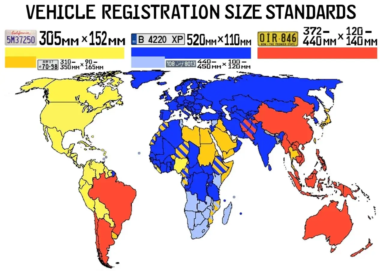 Mapa świata pokazująca różne rozmiary tablic rejestracyjnych państw. Kolory oznaczają standardy wymiarów tablic.