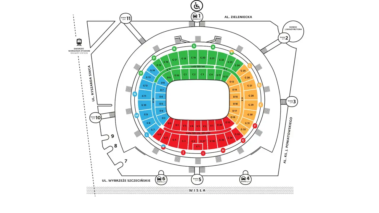 Plan stadionu z bramami i sektorami. Sprawdź, co można wnieść na stadion narodowy, wybierając odpowiednią bramę.