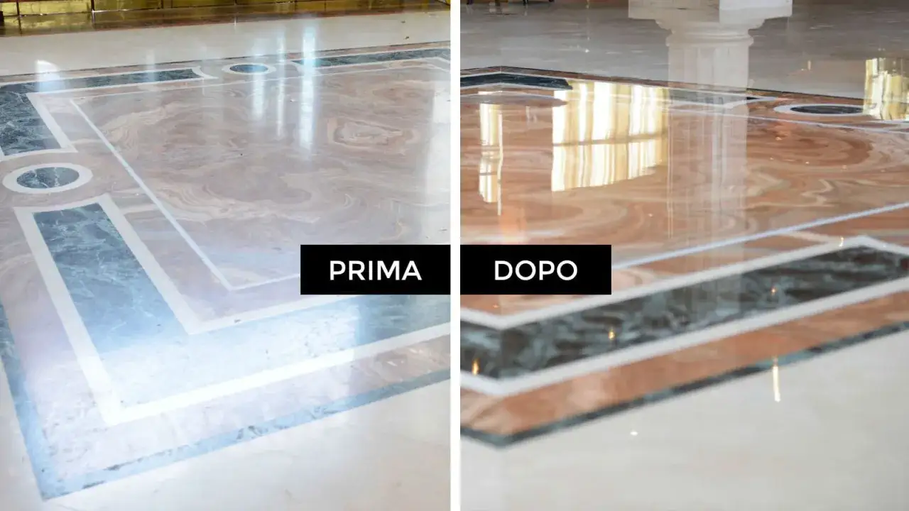 Prima e dopo il **lucidare pavimento marmo**: un confronto che mostra la brillantezza ritrovata.
