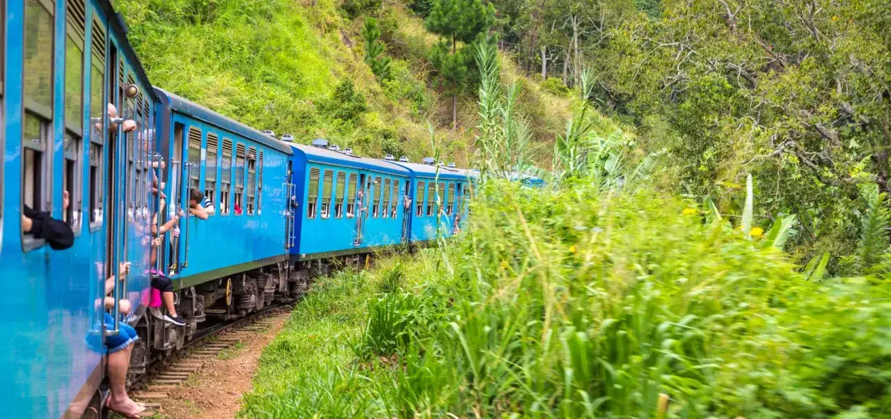 Tren azul recorre exuberante paisaje de Sri Lanka. Gente asoma por las ventanas, disfrutando del viaje. ¡Imprescindible ver!