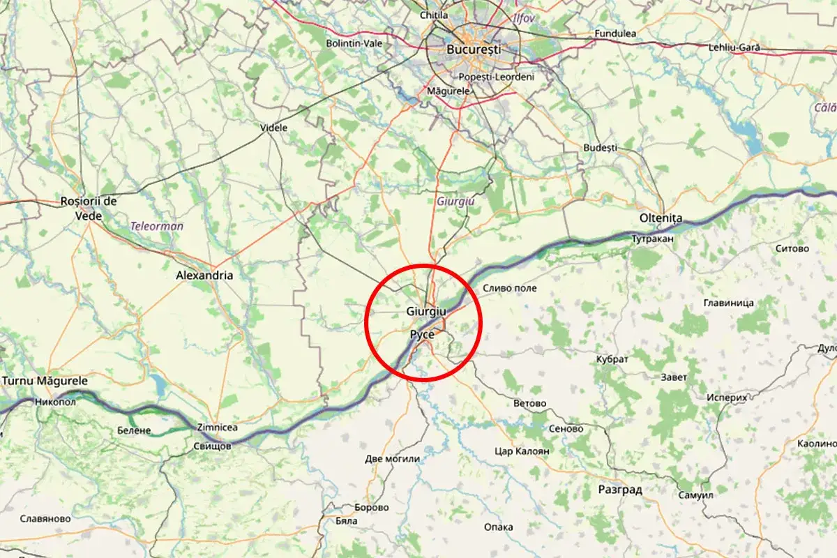 Mapa pokazuje południową granicę Rumunii, z zaznaczonym na czerwono obszarem wokół Giurgiu, gdzie kraj ten graniczy z Bułgarią.