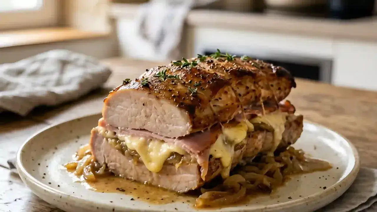 Un rôti Orloff savoureux, garni de jambon et de fromage fondant, servi sur un lit d'oignons caramélisés.