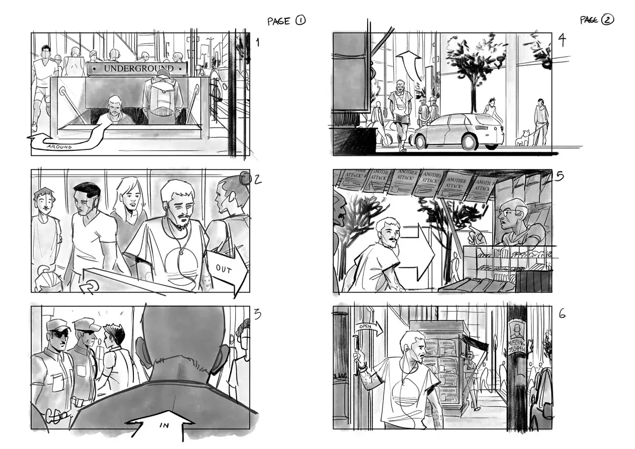 Storyboard di un fumettista: scene in metropolitana, per strada, con manifesti di ricerca.