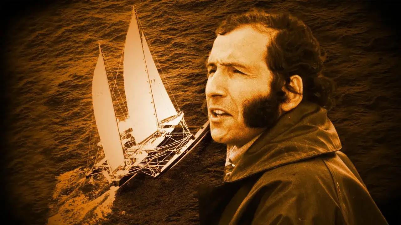Portrait d'Alain Colas, navigateur, sur fond de voiliers en mer. Son dernier message r&eacute;sonne dans le vent.