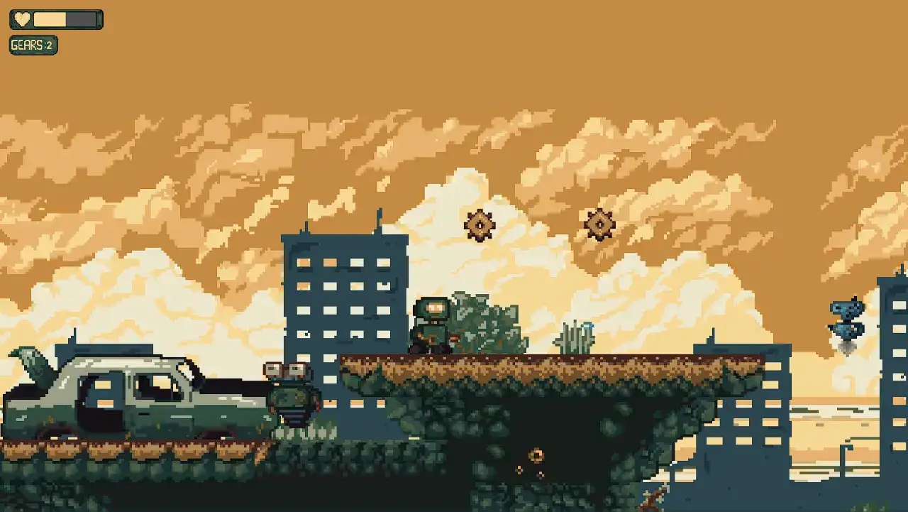 Un personaje pixelado, con estilo Metal Slug, se prepara para la acci&oacute;n junto a un coche destrozado y edificios en ruinas.