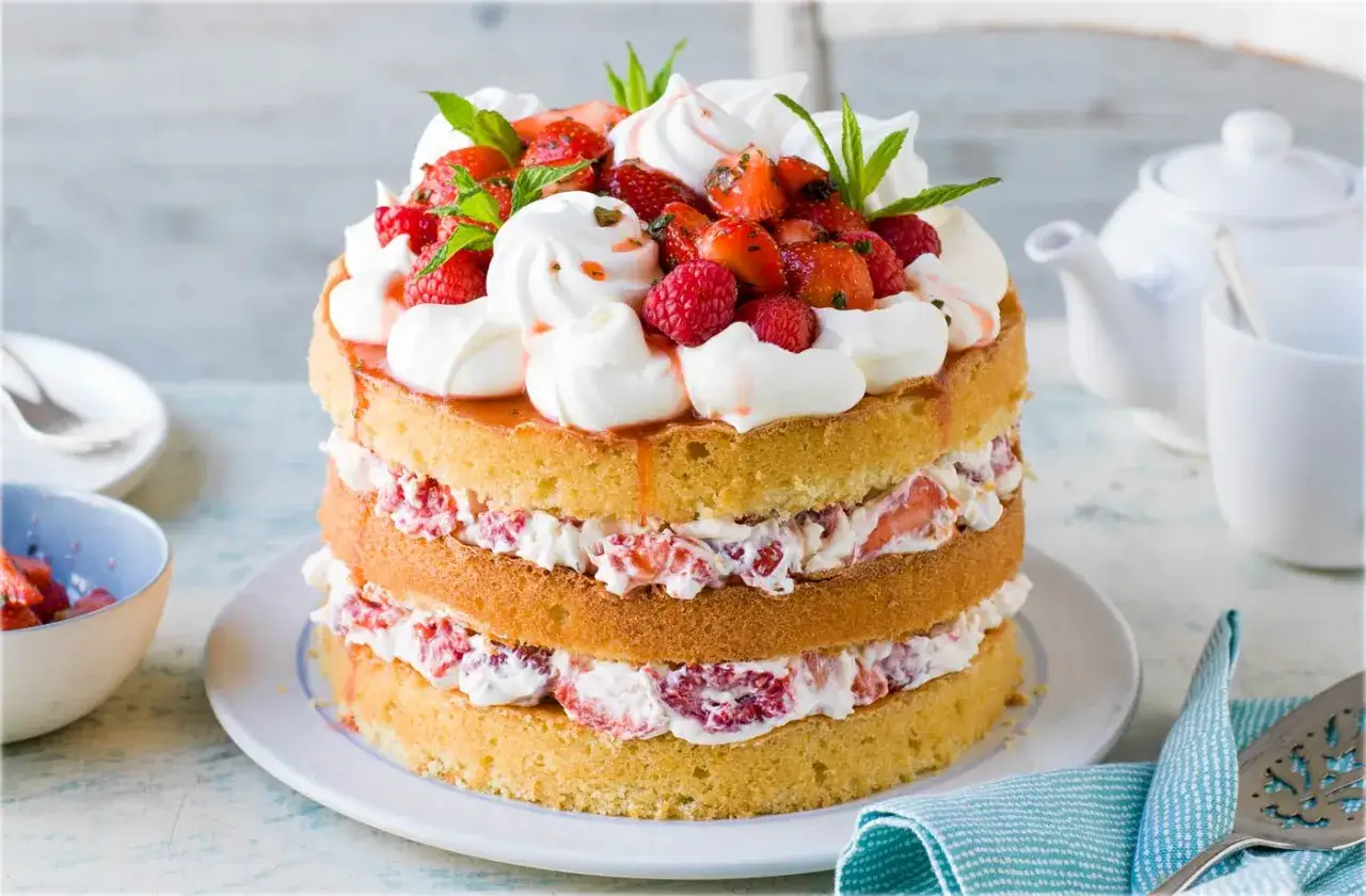 Wielowarstwowy tort z biszkoptem, bitą śmietaną i truskawkami, inspirowany deserem Eton Mess.