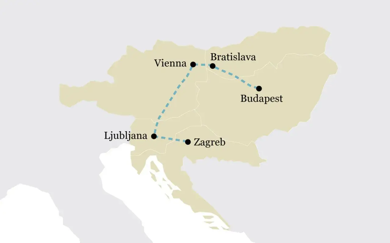 Karta som visar en rutt f&ouml;r att t&aring;gluffa &ouml;steuropa: Ljubljana, Zagreb, Wien, Bratislava och Budapest.