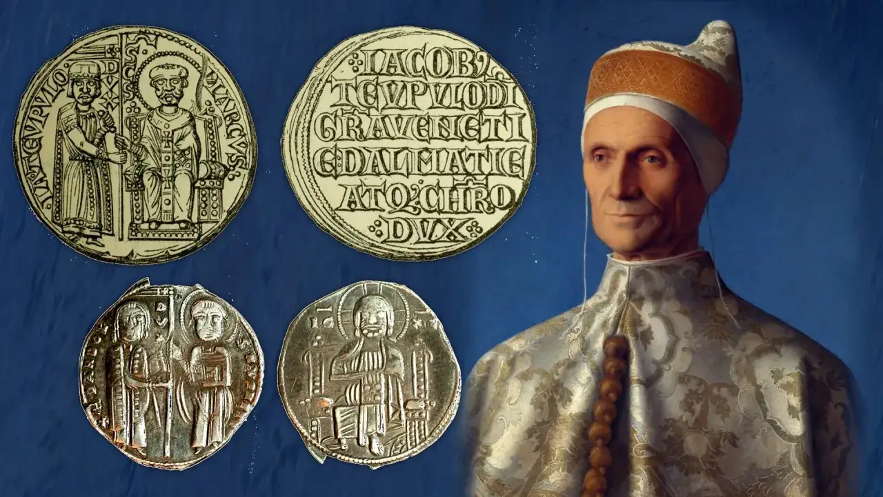 Ritratto di un Doge con monete antiche. Il doge significato &egrave; legato al potere e alla storia di Venezia.