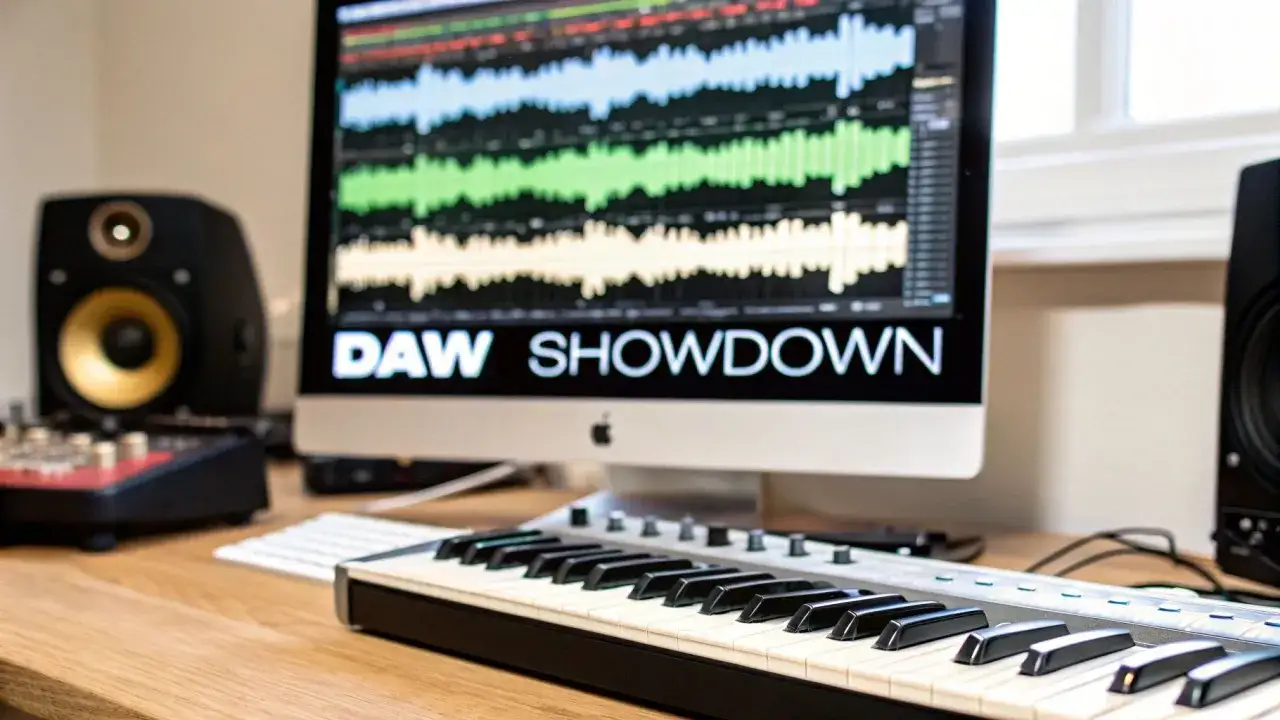 Ein Studio-Setup mit einem Monitor, der die Wellenformen einer DAW-Software anzeigt, daneben ein MIDI-Keyboard und Lautsprecher.