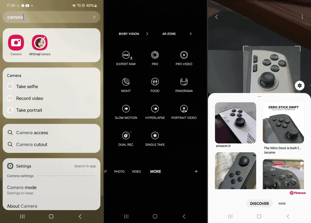 Menu aparatu z opcjami takimi jak Bixby Vision, tryby Pro, nocny, zwolnione tempo i inne.