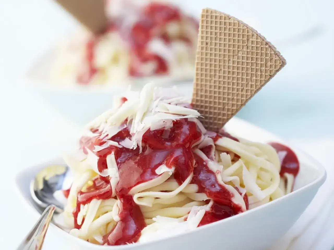 Ein leckeres Spaghetti-Eis-Dessert mit Erdbeersauce und weißen Schokostreuseln, garniert mit einer Waffel.