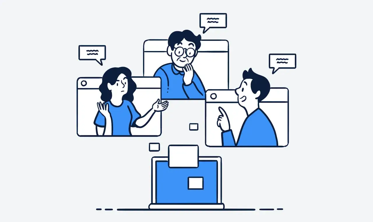 Drei Personen in einem virtuellen Meeting, das die Vorteile von online kollaborationstools zeigt.