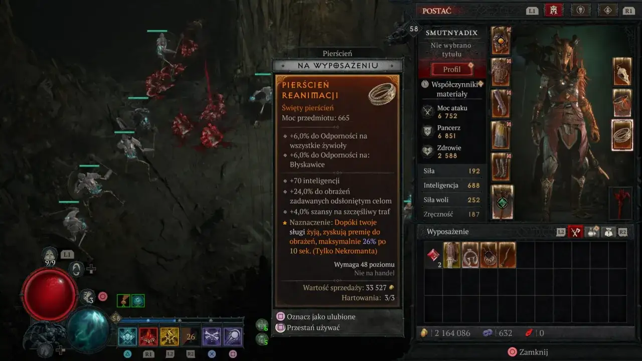 Nekromanta w Diablo 2 z pierścieniem Reanimacji, który wzmacnia jego sługi.