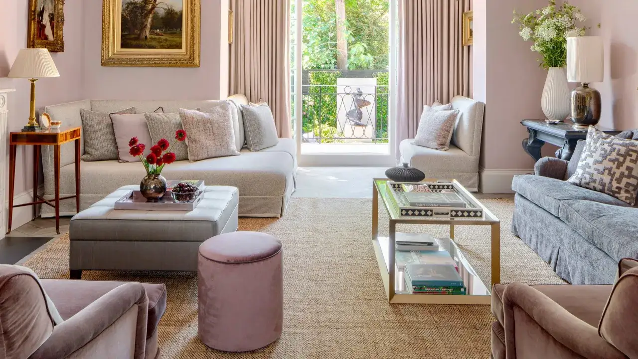 Salón con sofás grises y rosados, mesa de centro de cristal y alfombra de yute. Los colores de pintura de la pared son un suave lila.