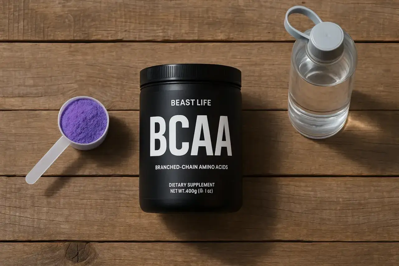 Un bote de BCAA, una cuchara con polvo morado y una botella de agua sobre madera. ¿Los BCAA engordan?