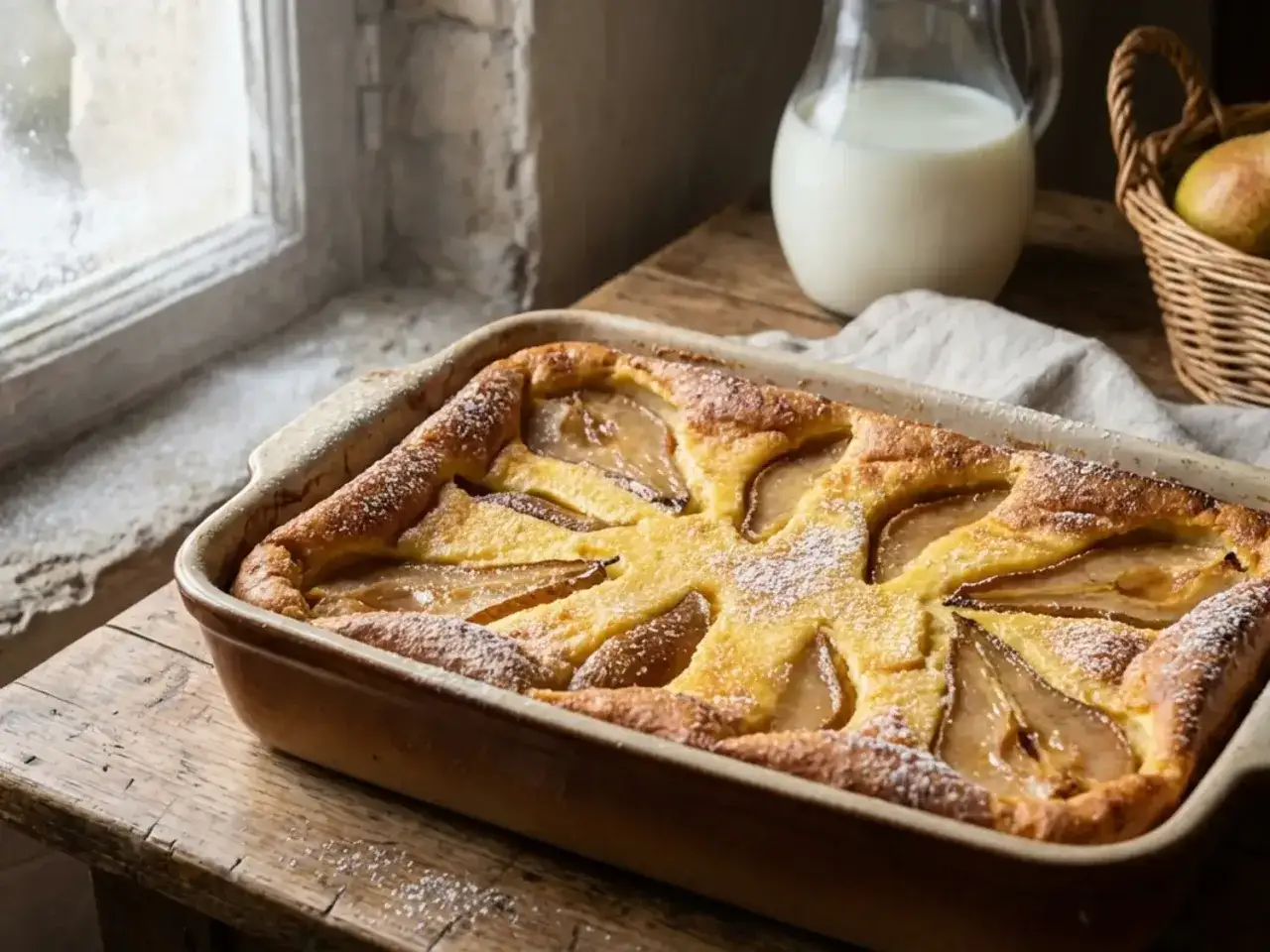 Un d&eacute;liceux flognarde aux poires, dor&eacute; et saupoudr&eacute; de sucre glace, sortant du four. Une gourmandise r&eacute;confortante.